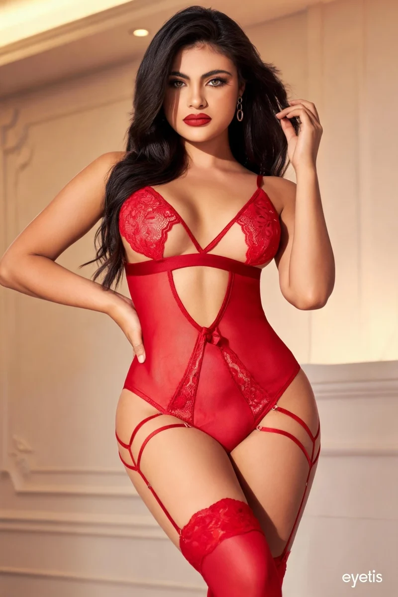 Kırmızı Dantel Detaylı Fantazi Bodysuit Jartiyer Takımı